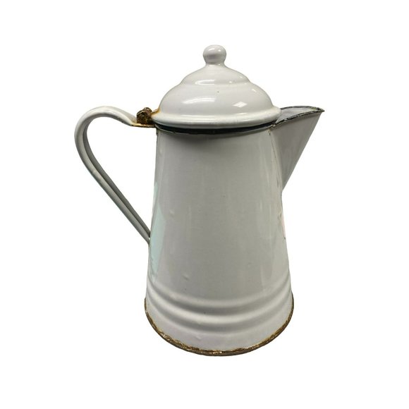 Vintage White Enamel Coffee Pot or Percolator Enamelware, 11" with Hinged Lid - Picture 2 of 7
